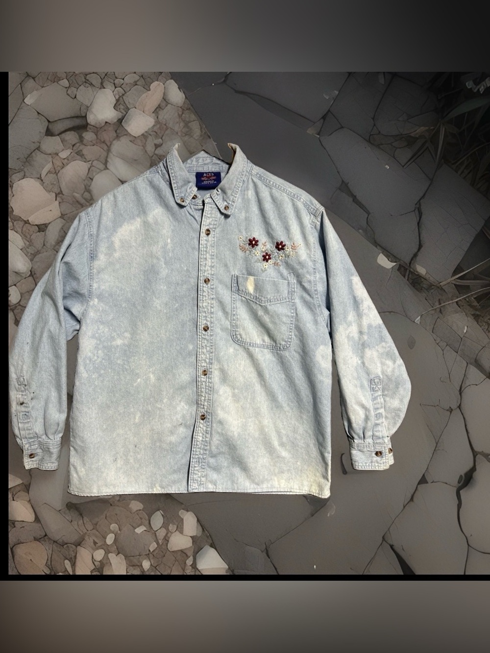 Aces Women's Large Bleached Denim Shirt Embroidered Floral Button Up Cotton Boho